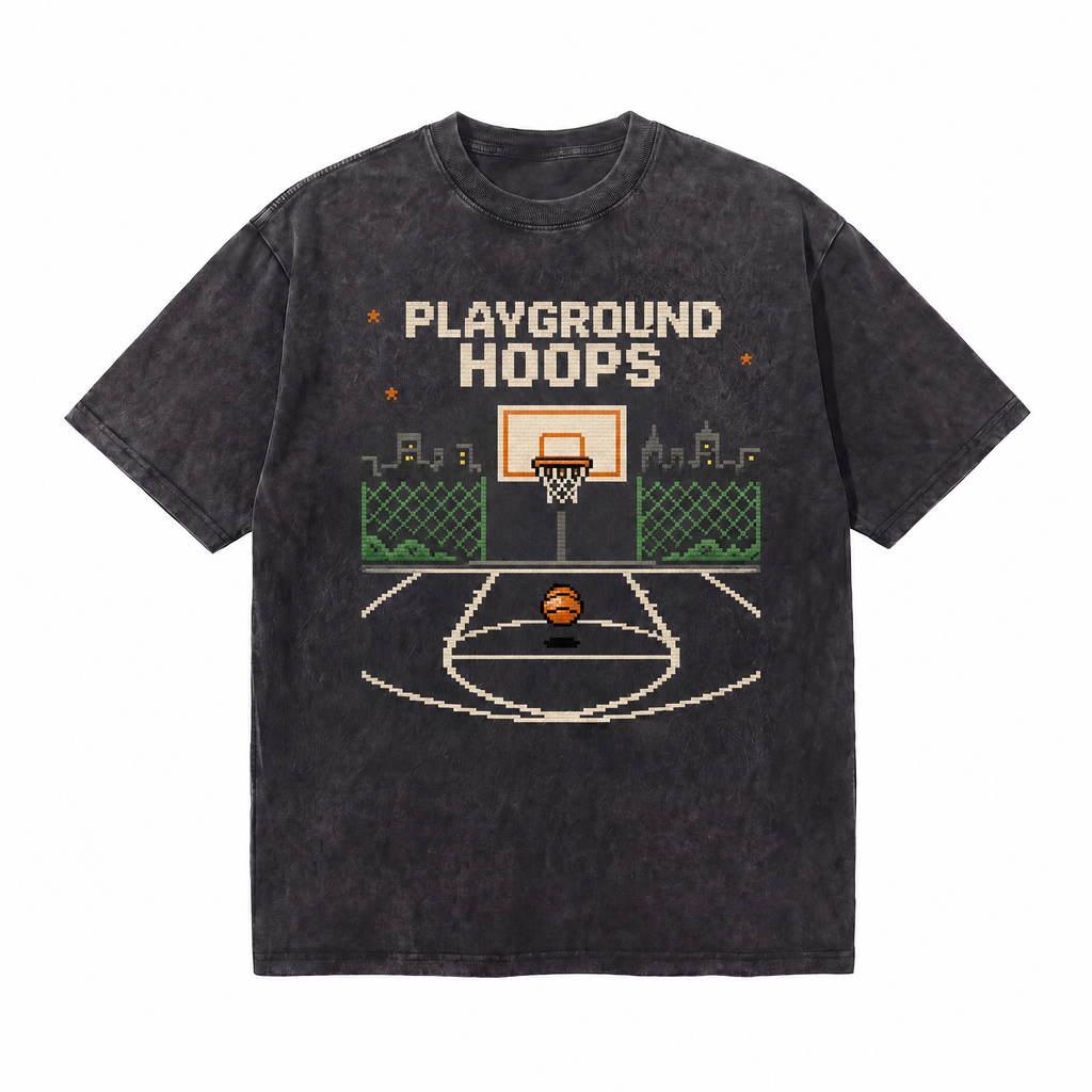 Lawless Row "Playground Hoops" City Skyline Pixel Washed Black Oversized Tee