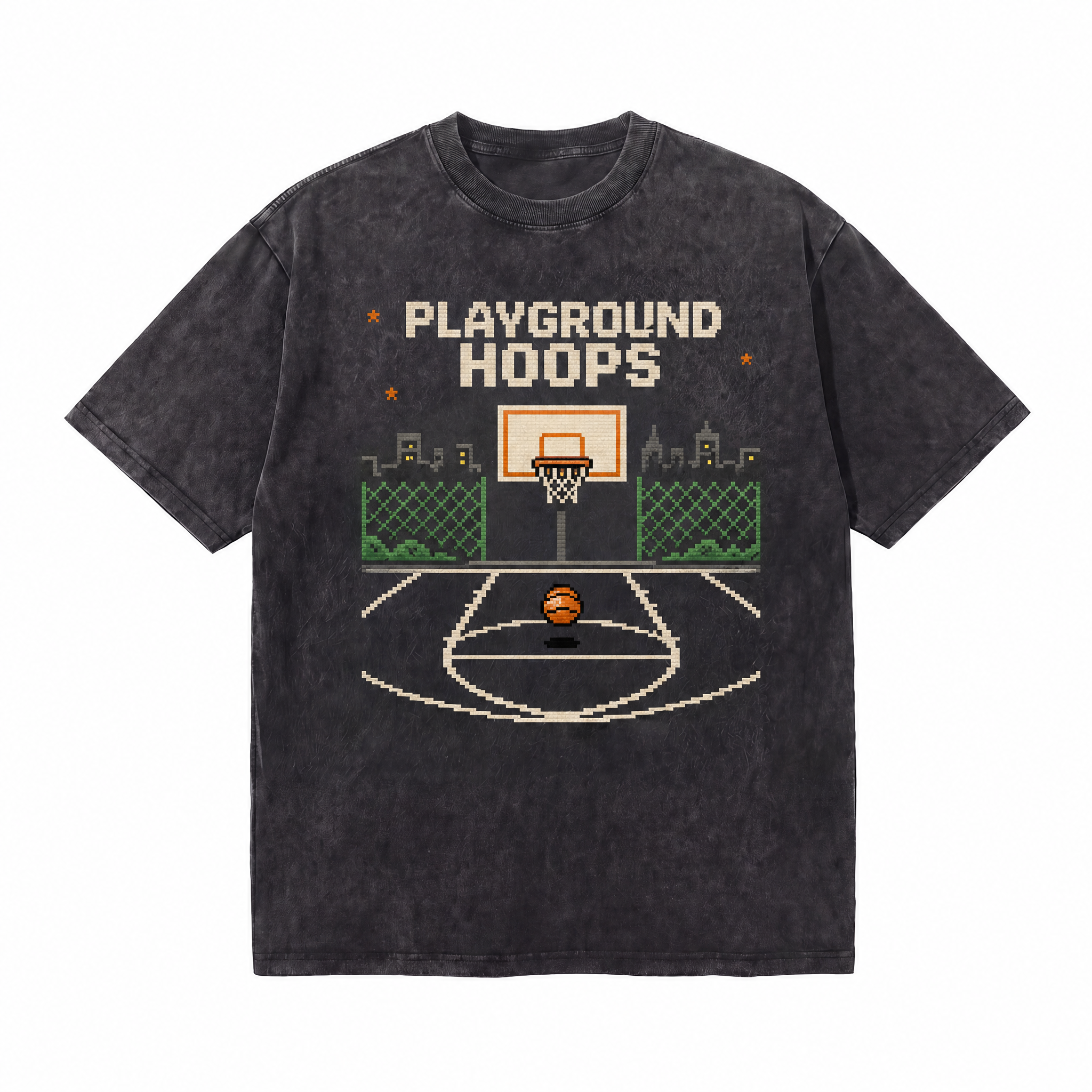 Lawless Row "Playground Hoops" City Skyline Pixel Washed Black Oversized Tee