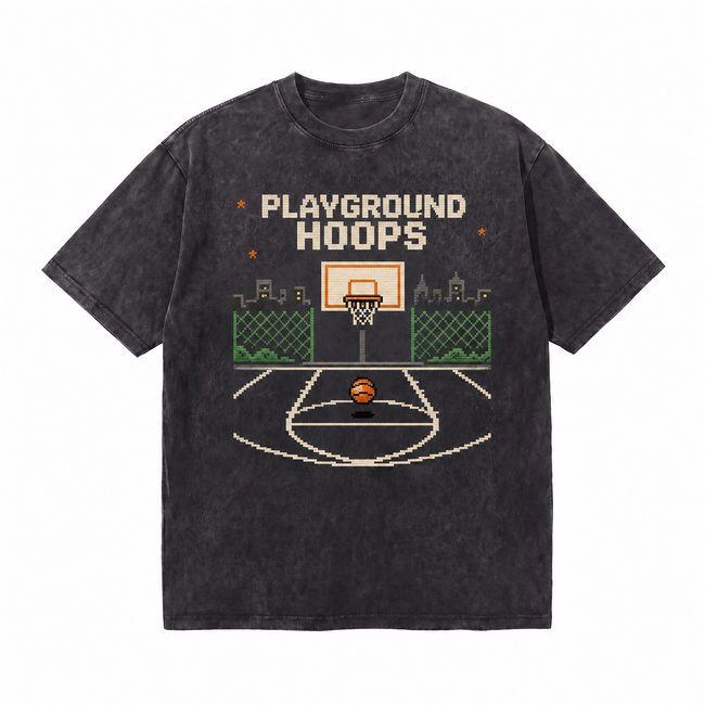 Lawless Row "Playground Hoops" City Skyline Pixel Washed Black Oversized Tee Hover Image