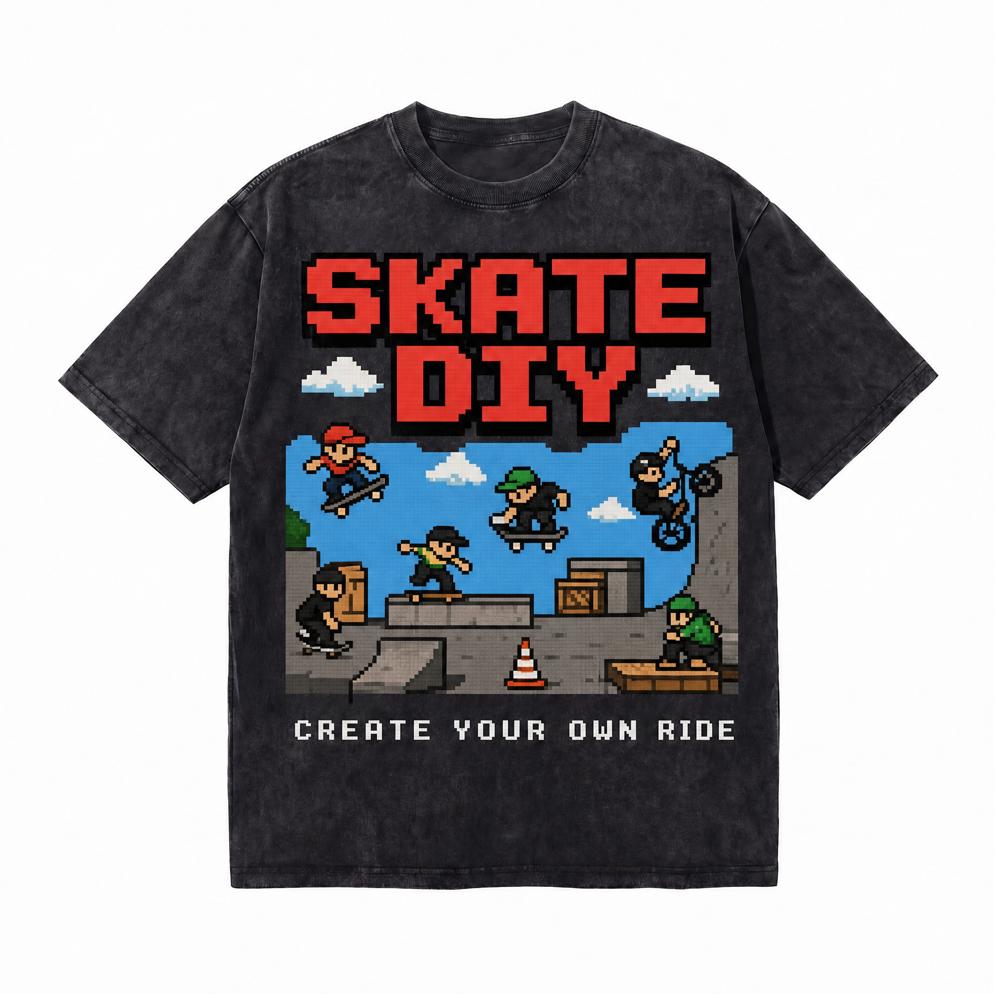 Lawless Row "Skate DIY" Pixel Skatepark Washed Black Oversized Tee