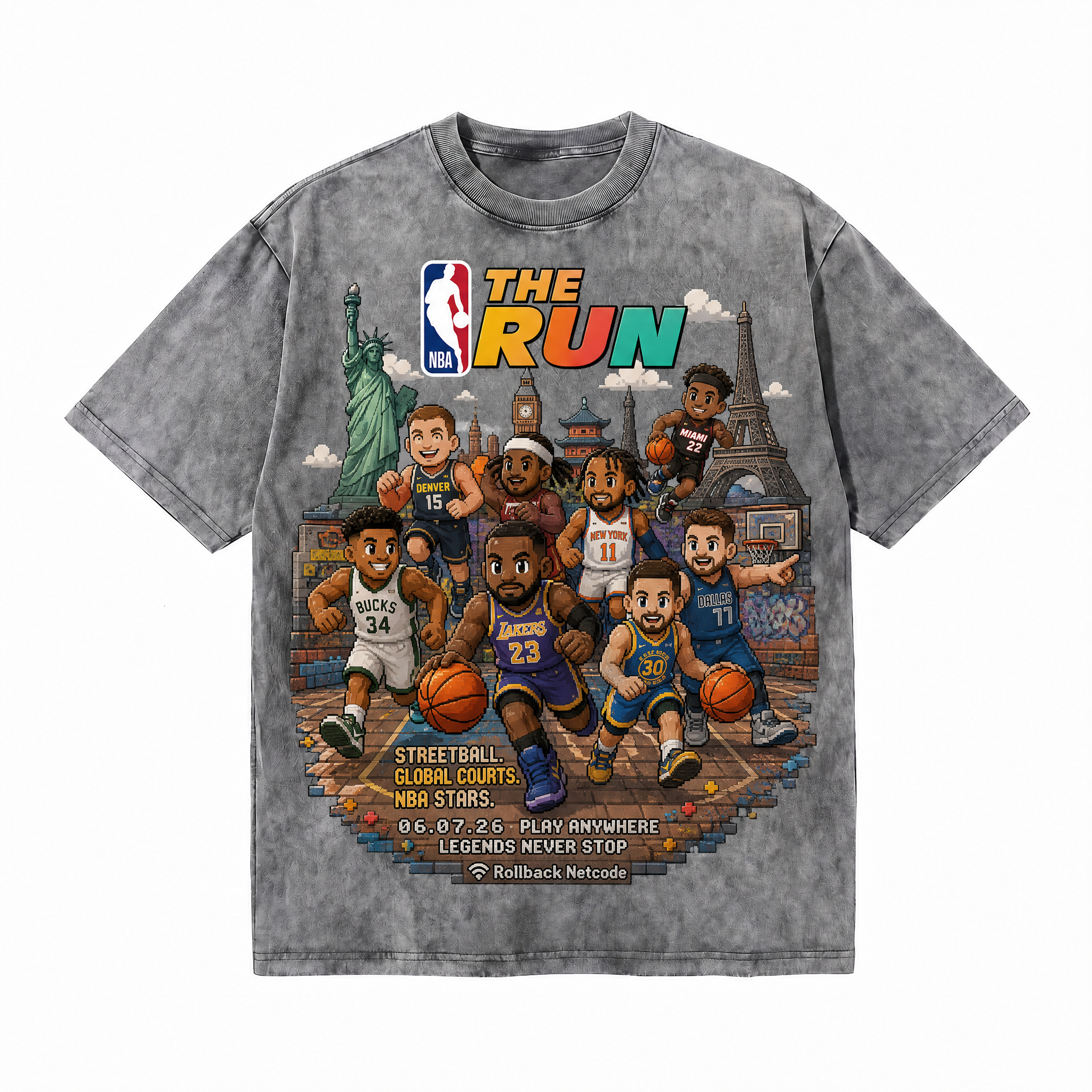 Lawless Row "The Run: Global Hoops" NBA Pixel Washed Grey Oversized Tee
