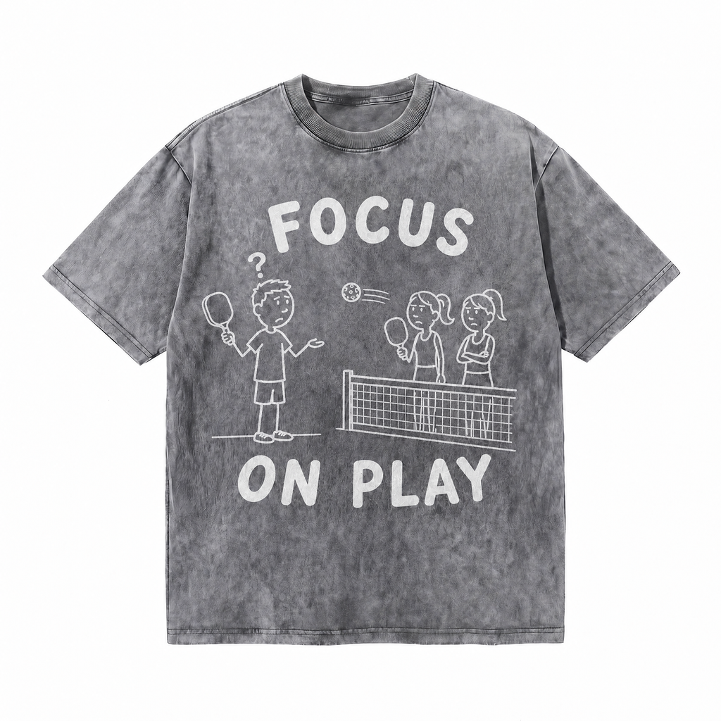 Lawless Row "Focus On Play" Pickleball Comic Washed Grey Oversized Tee
