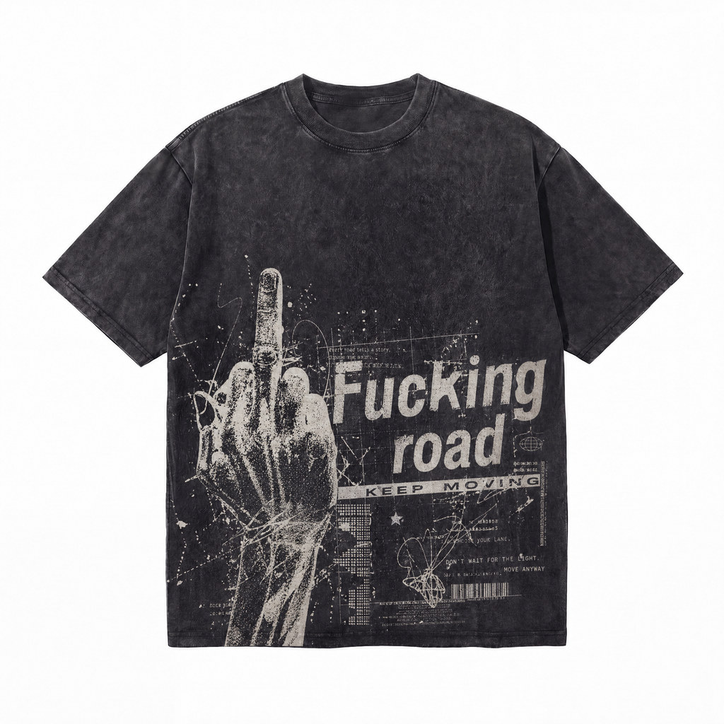 Lawless Row "Fucking Road" Middle Finger Washed Black Oversized Tee