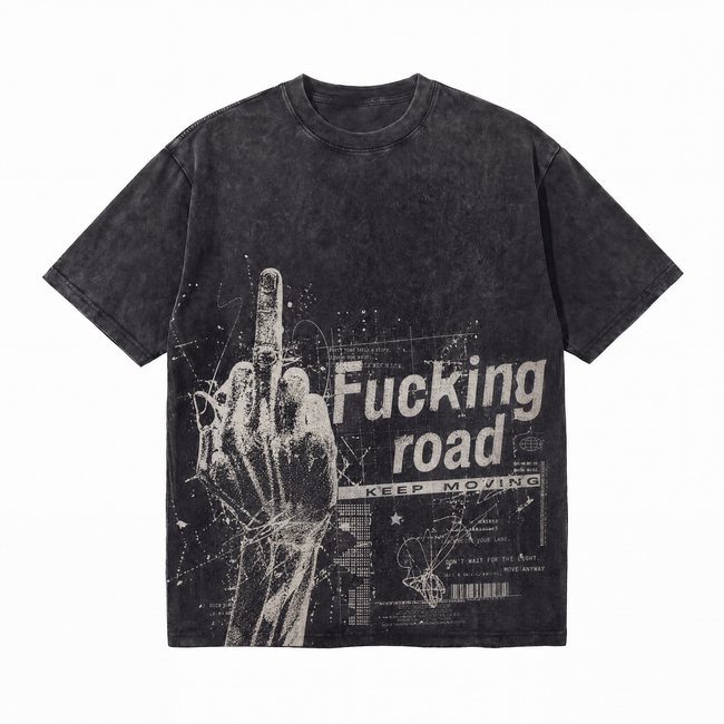 Lawless Row "Fucking Road" Middle Finger Washed Black Oversized Tee Hover Image