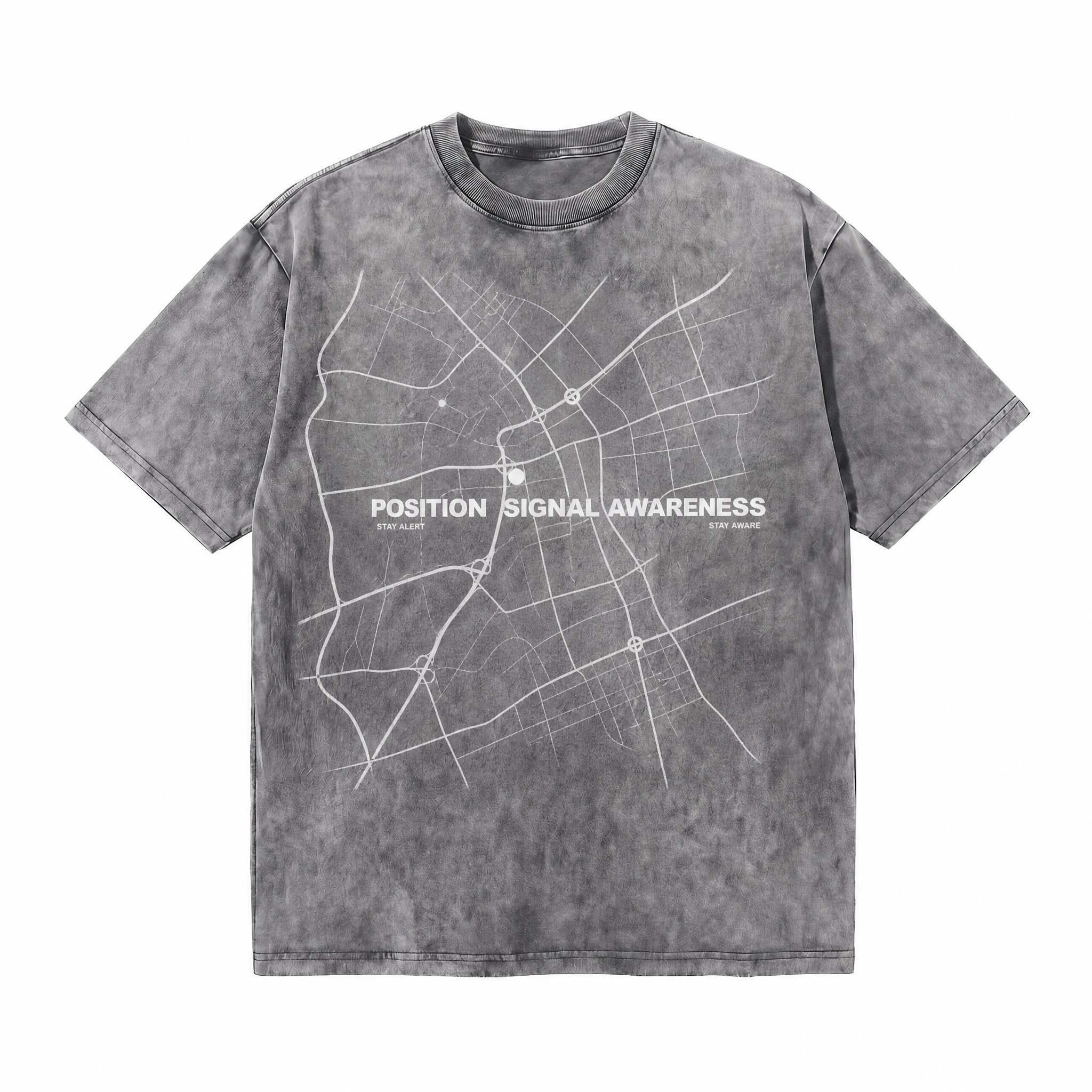 Lawless Row "Position Signal Awareness" Minimal Map Washed Grey Oversized Tee