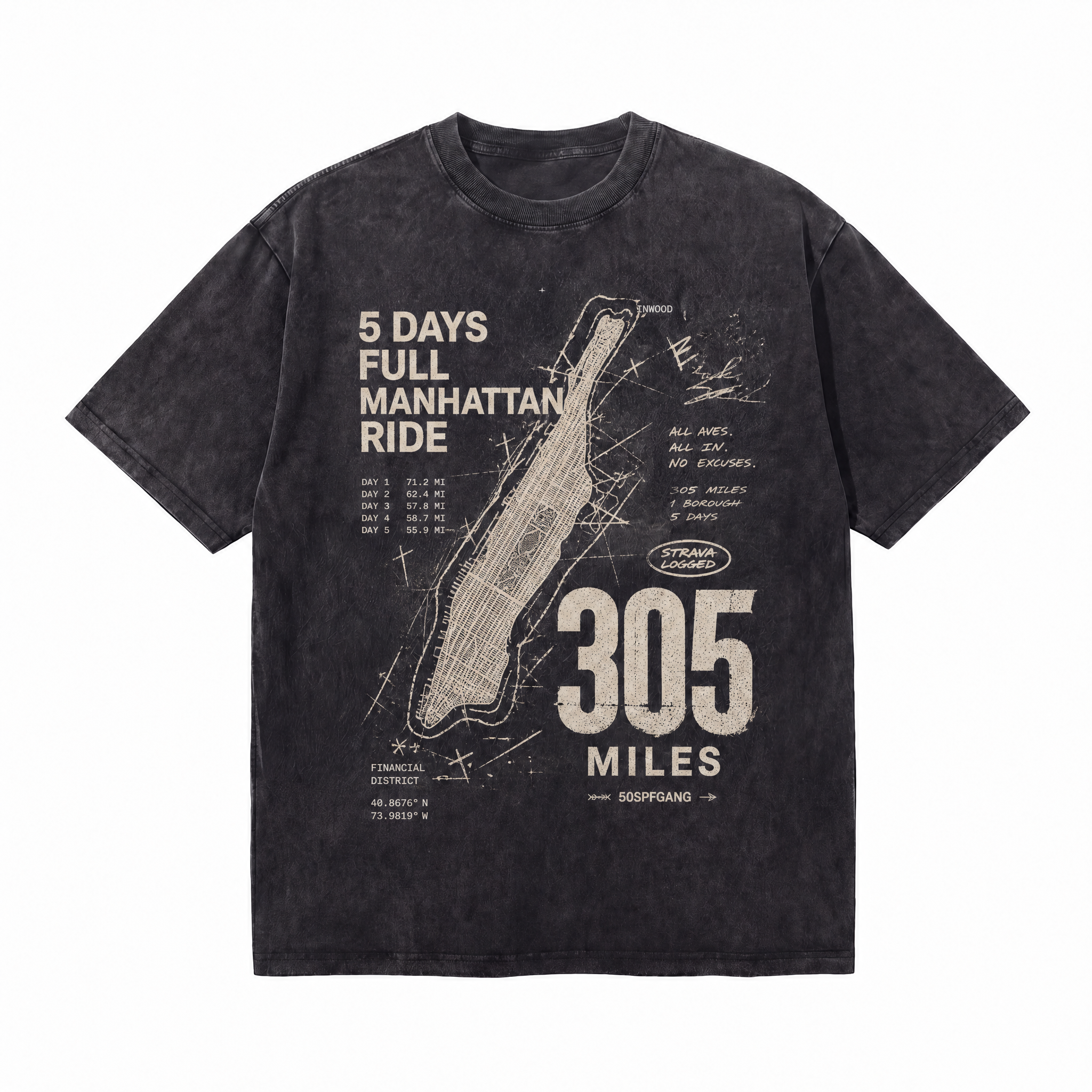 Lawless Row "5 Days Manhattan Ride" Cycling Washed Black Oversized Tee