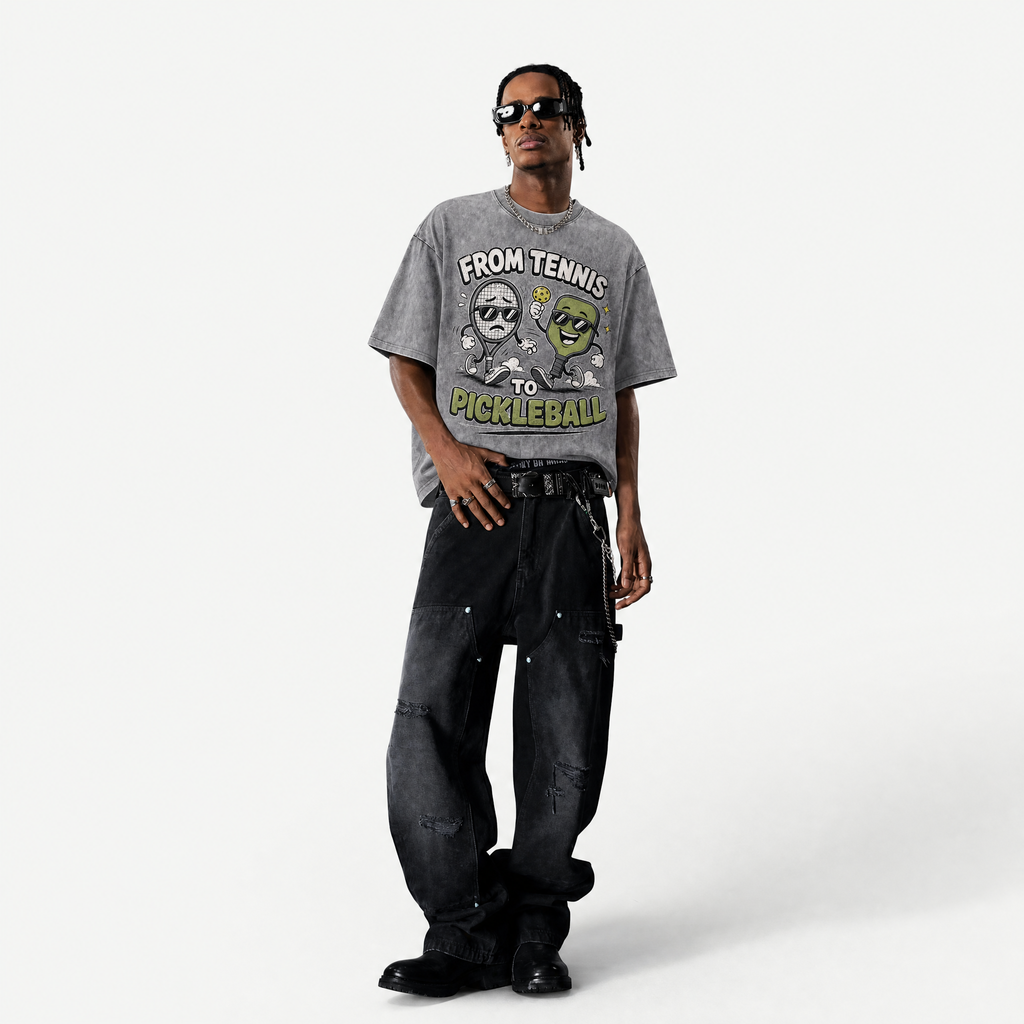 Lawless Row "From Tennis To Pickleball" Retro Cartoon Washed Grey Tee