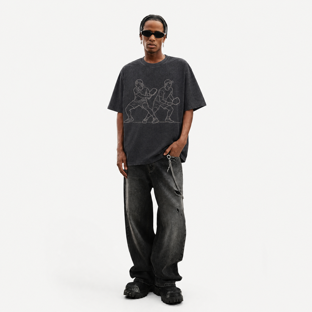Lawless Row Pickleball Duo Minimal Line Art Oversized Washed Tee