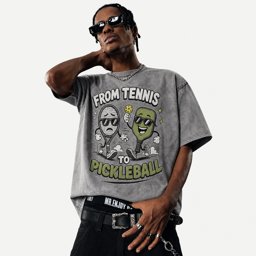 Lawless Row "From Tennis To Pickleball" Retro Cartoon Washed Grey Tee