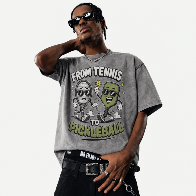 Lawless Row "From Tennis To Pickleball" Retro Cartoon Washed Grey Tee Main Image