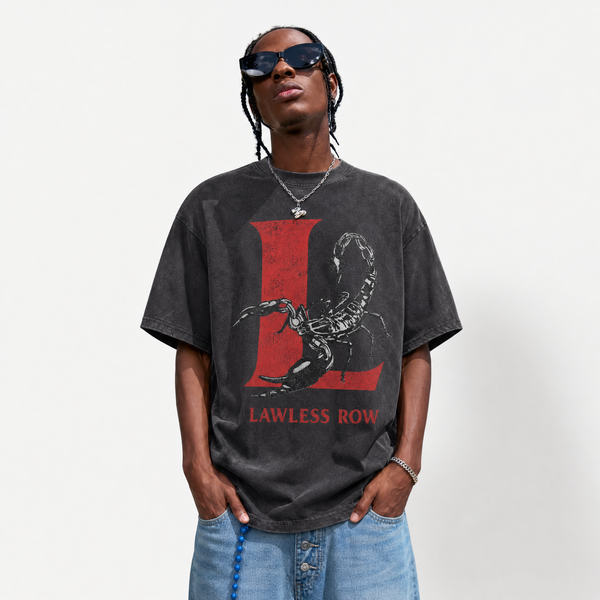 LAWLESSROW Large Red Letter L Scorpion Grunge Brand Logo Collage Vintage Tee - hover