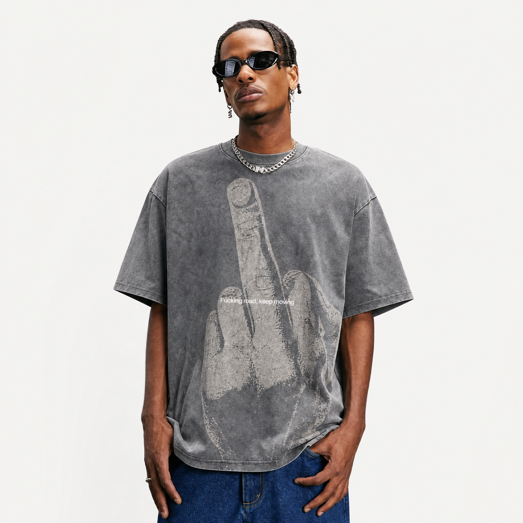 Lawless Row "Keep Moving" Middle Finger Washed Grey Oversized Tee