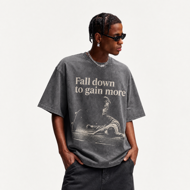 Lawless Row "Fall Down To Gain More" Skate Washed Grey Oversized Tee Main Image