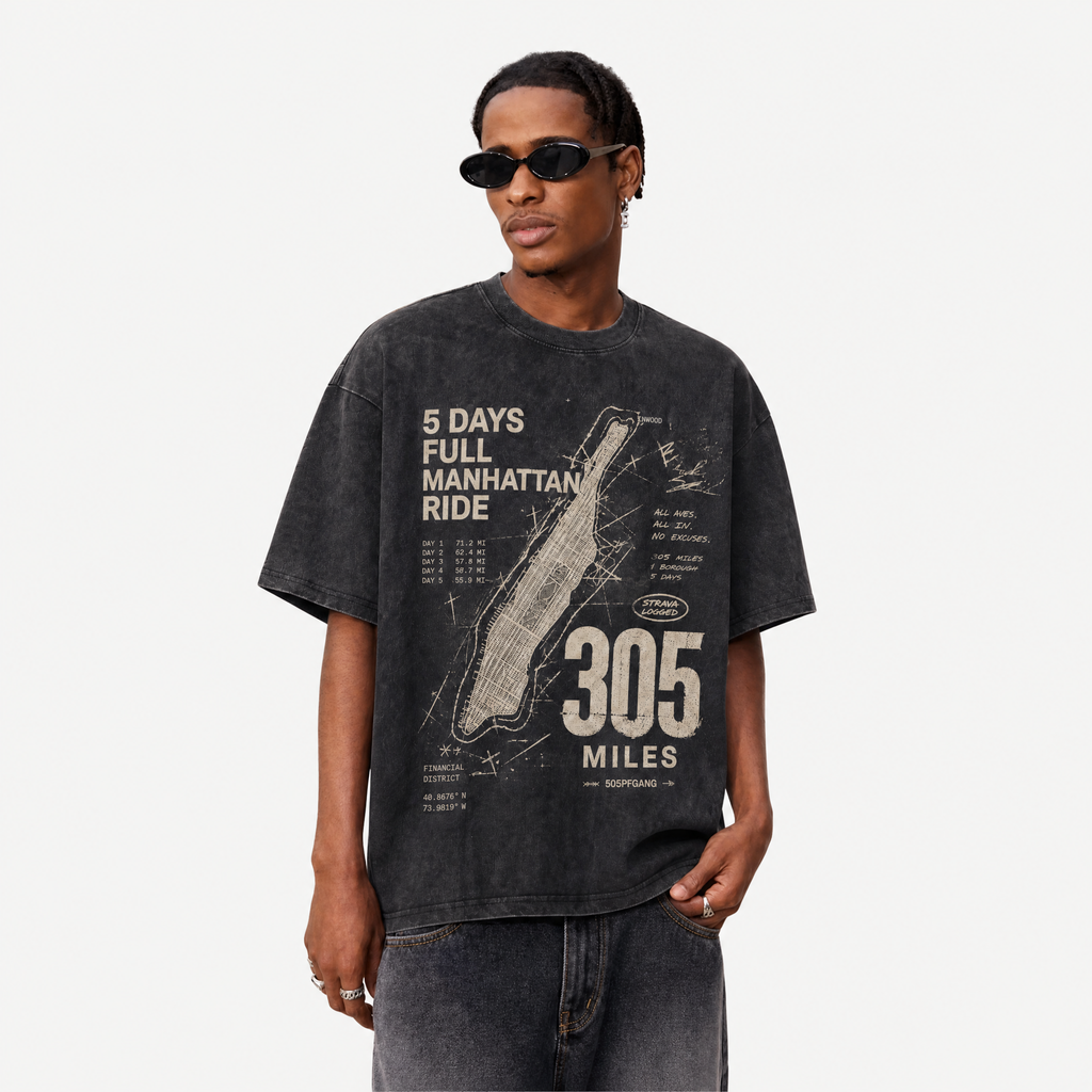 Lawless Row "5 Days Manhattan Ride" Cycling Washed Black Oversized Tee