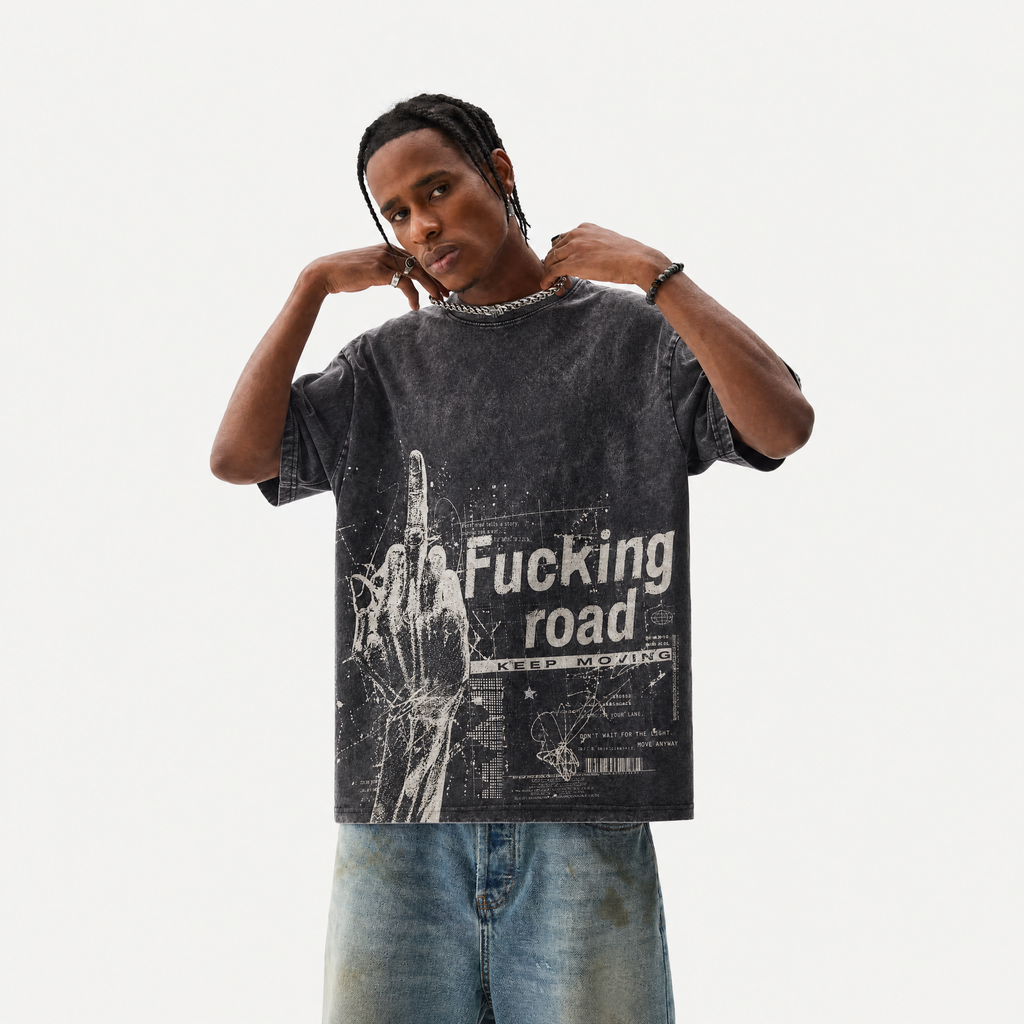 Lawless Row "Fucking Road" Middle Finger Washed Black Oversized Tee