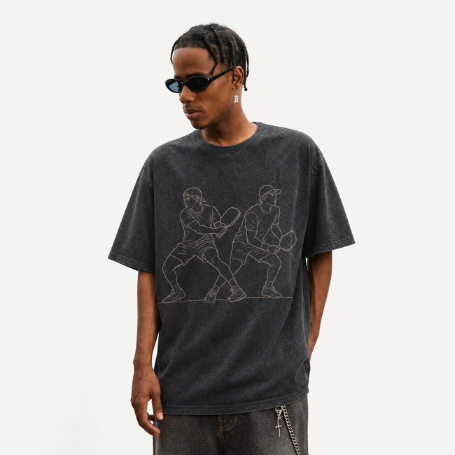 Lawless Row Pickleball Duo Minimal Line Art Oversized Washed Tee Main Image