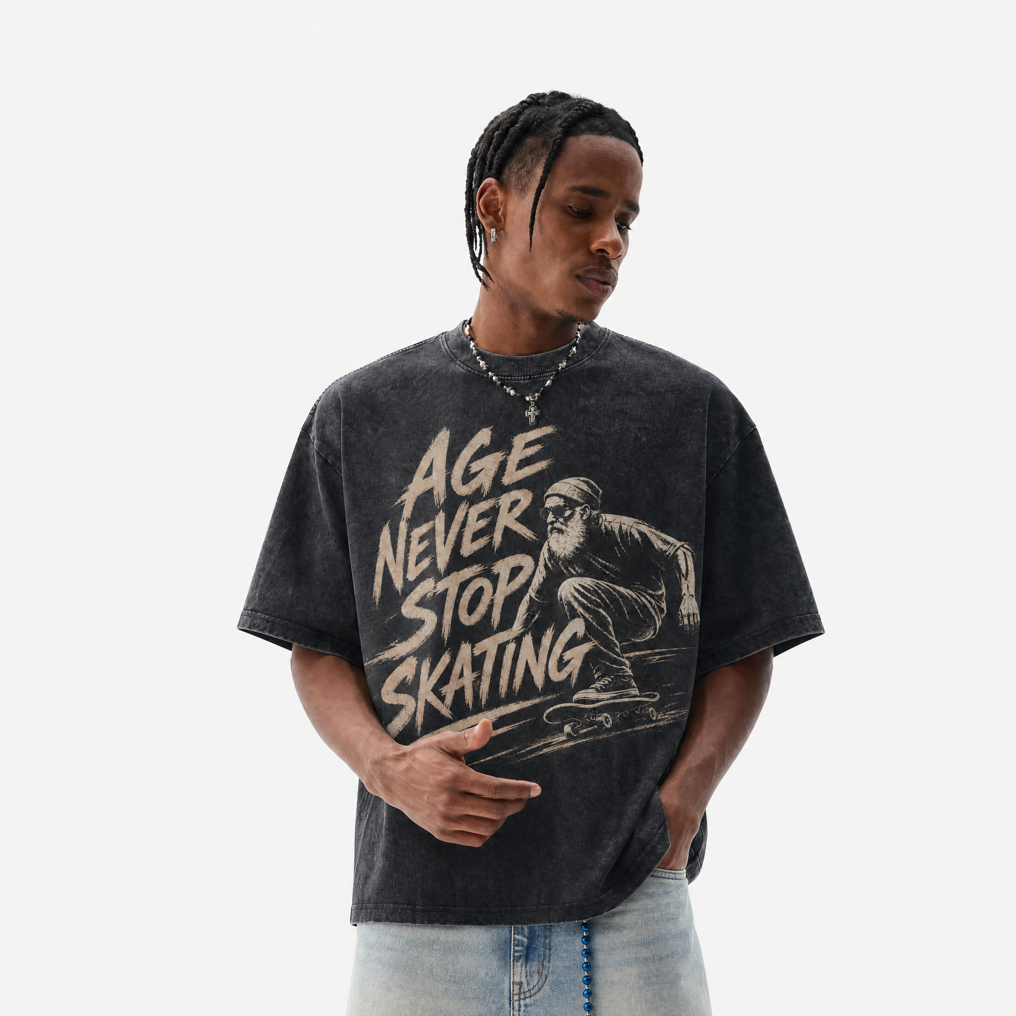 Lawless Row "Age Never Stop Skating" Washed Black Oversized Tee