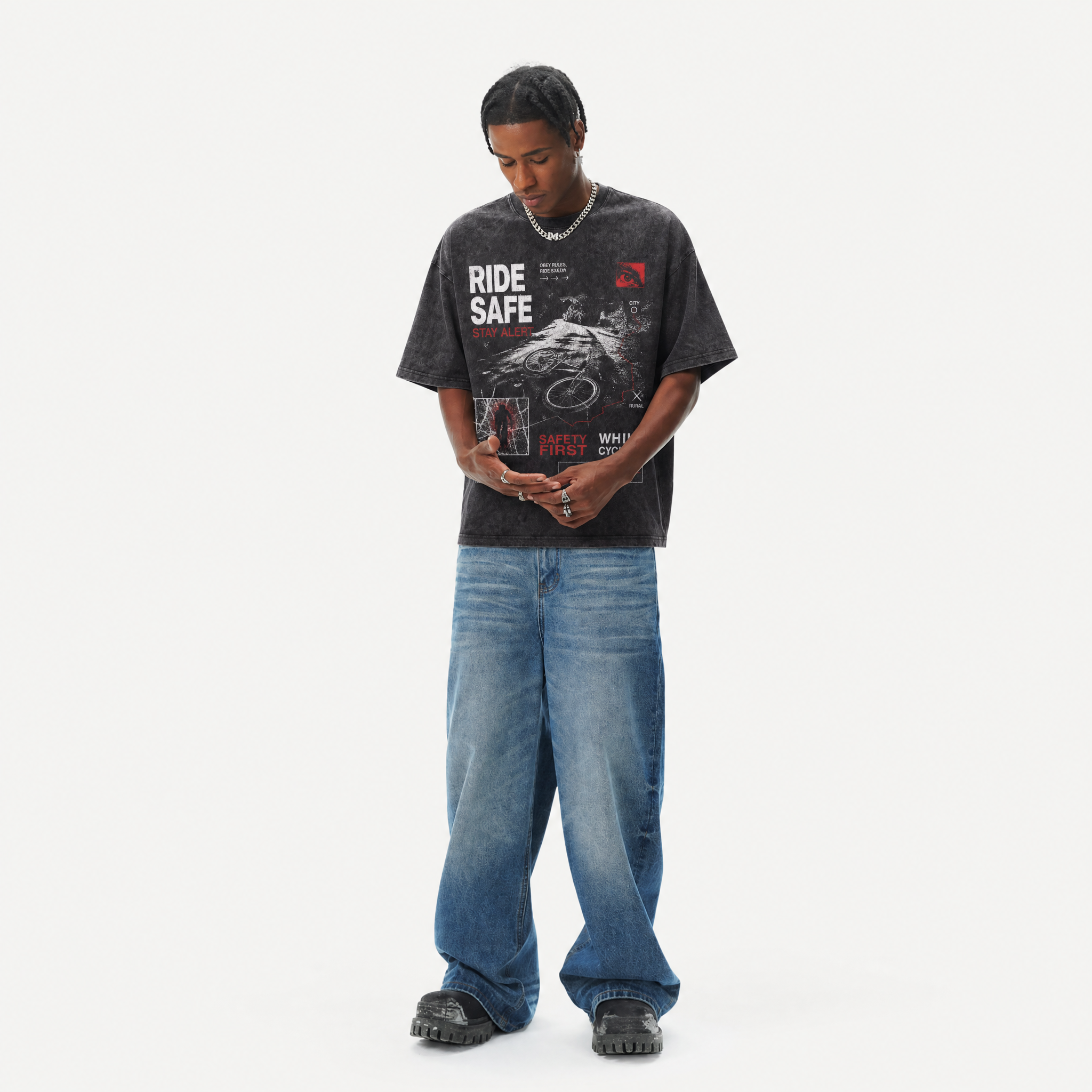 Lawless Row "Ride Safe" Cycling Safety Washed Black Oversized Tee