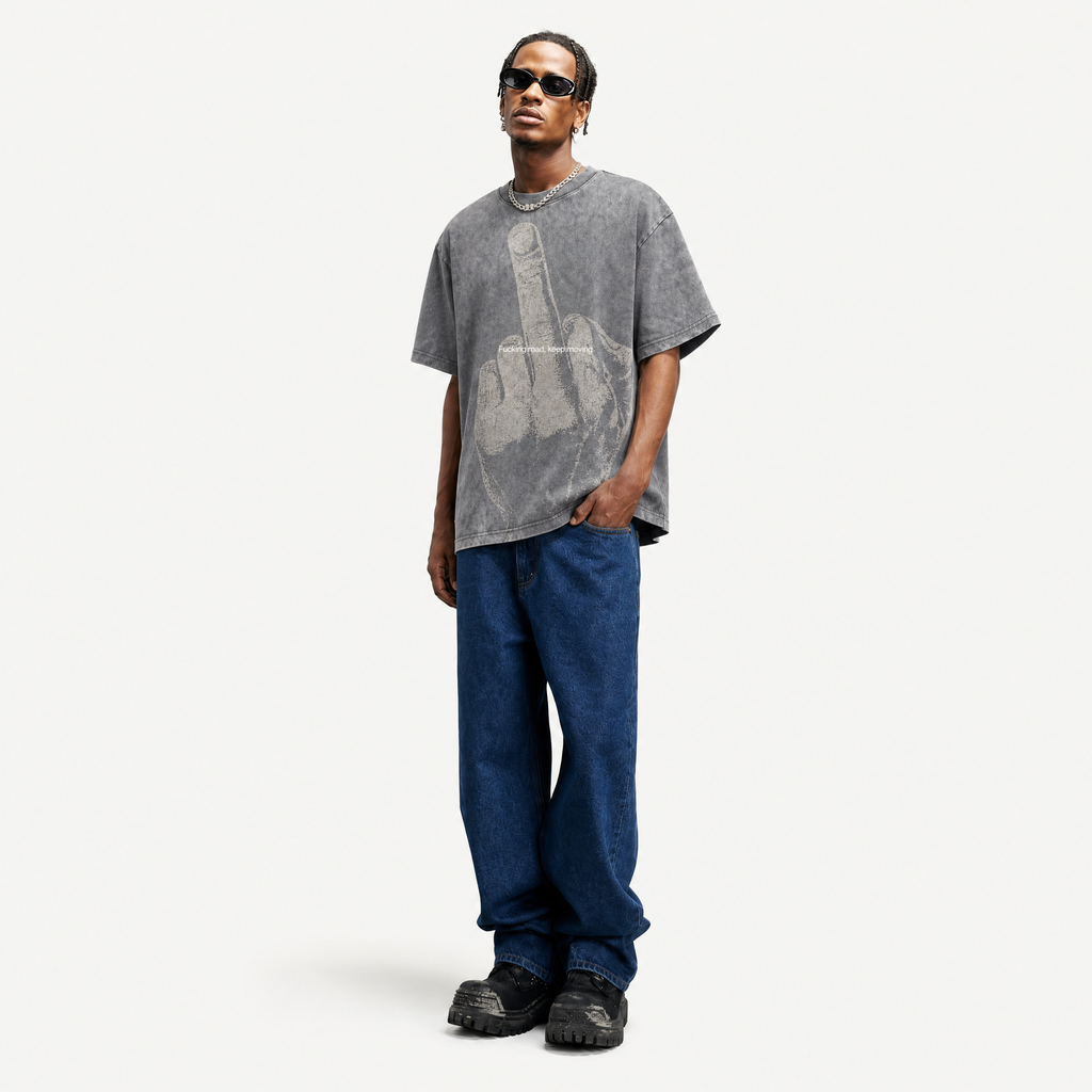 Lawless Row "Keep Moving" Middle Finger Washed Grey Oversized Tee
