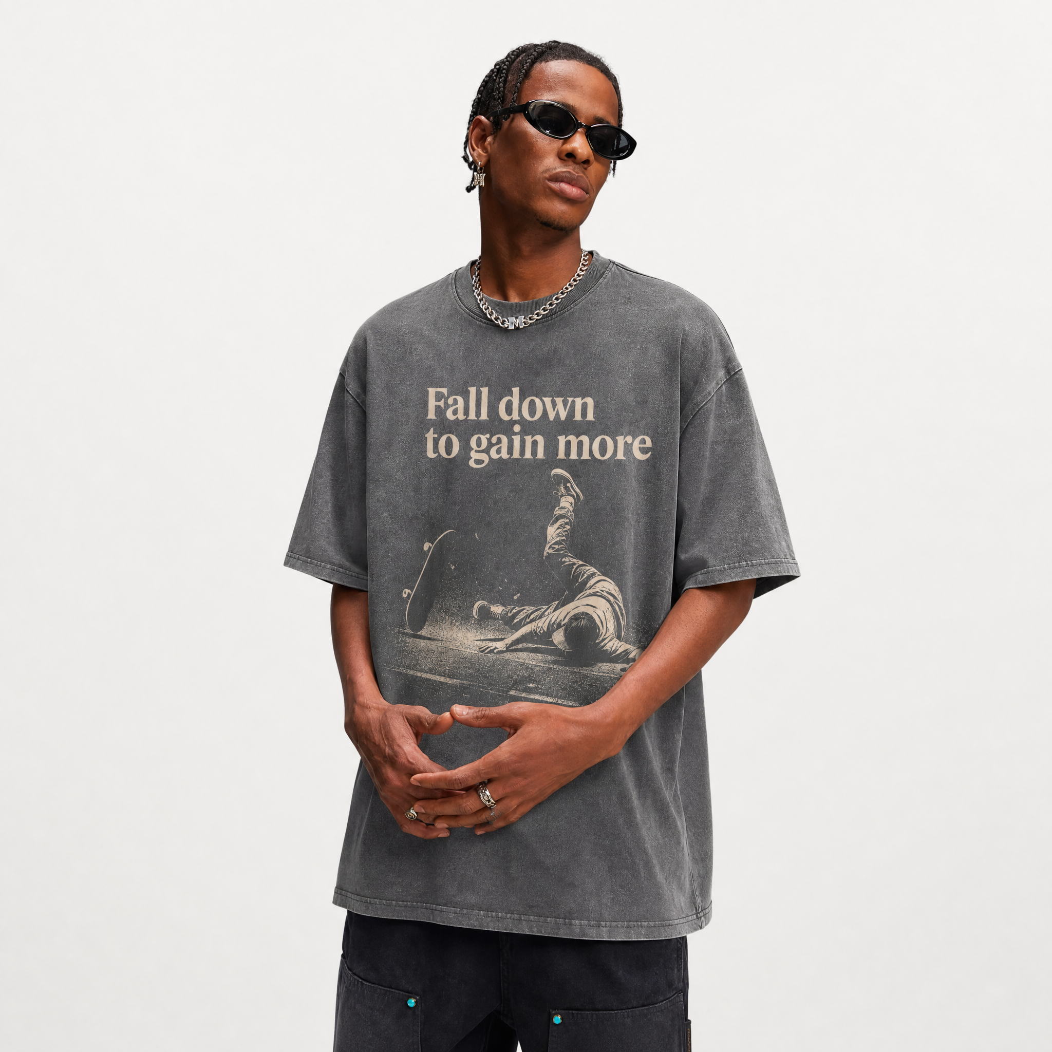 Lawless Row "Fall Down To Gain More" Skate Washed Grey Oversized Tee