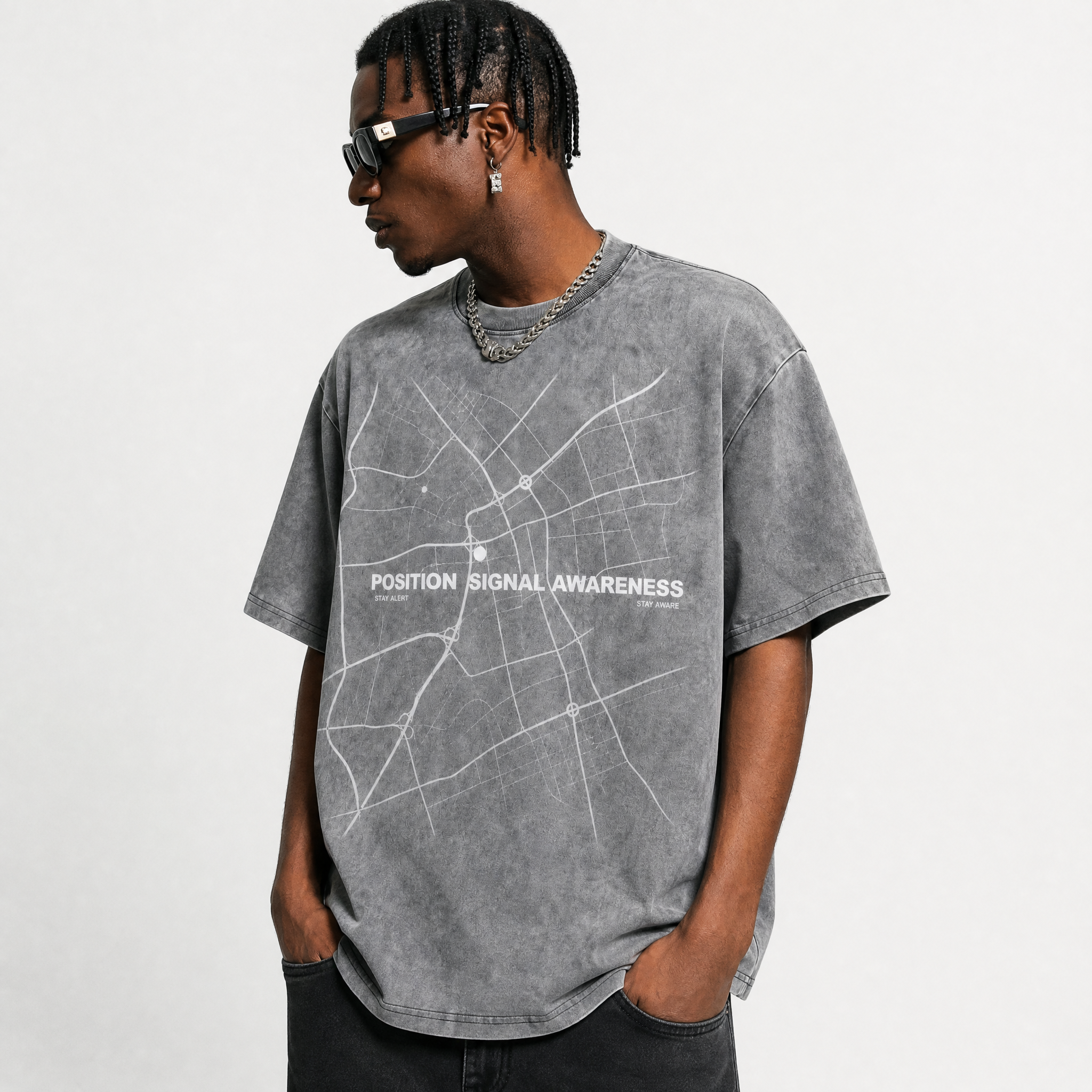 Lawless Row "Position Signal Awareness" Minimal Map Washed Grey Oversized Tee