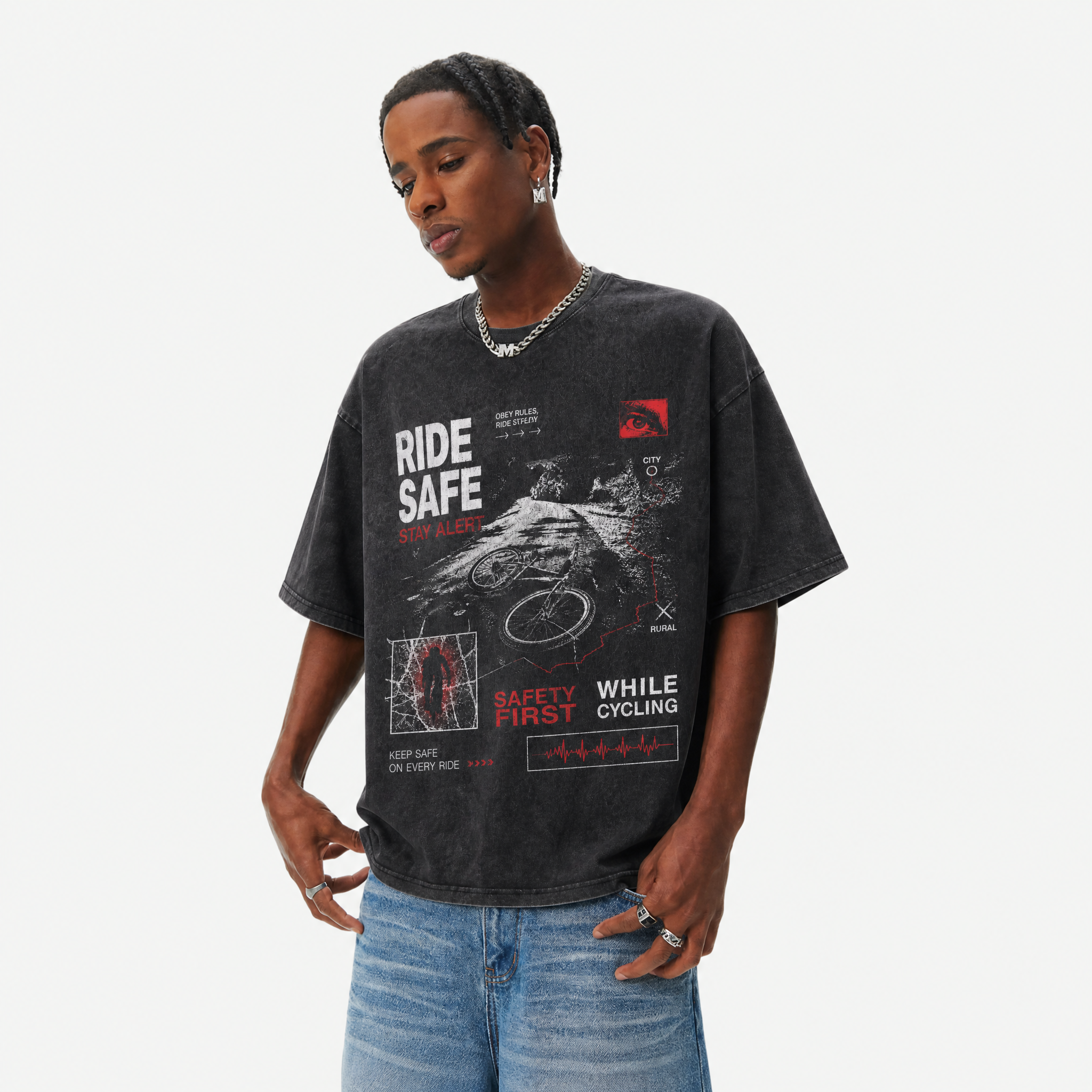Lawless Row "Ride Safe" Cycling Safety Washed Black Oversized Tee