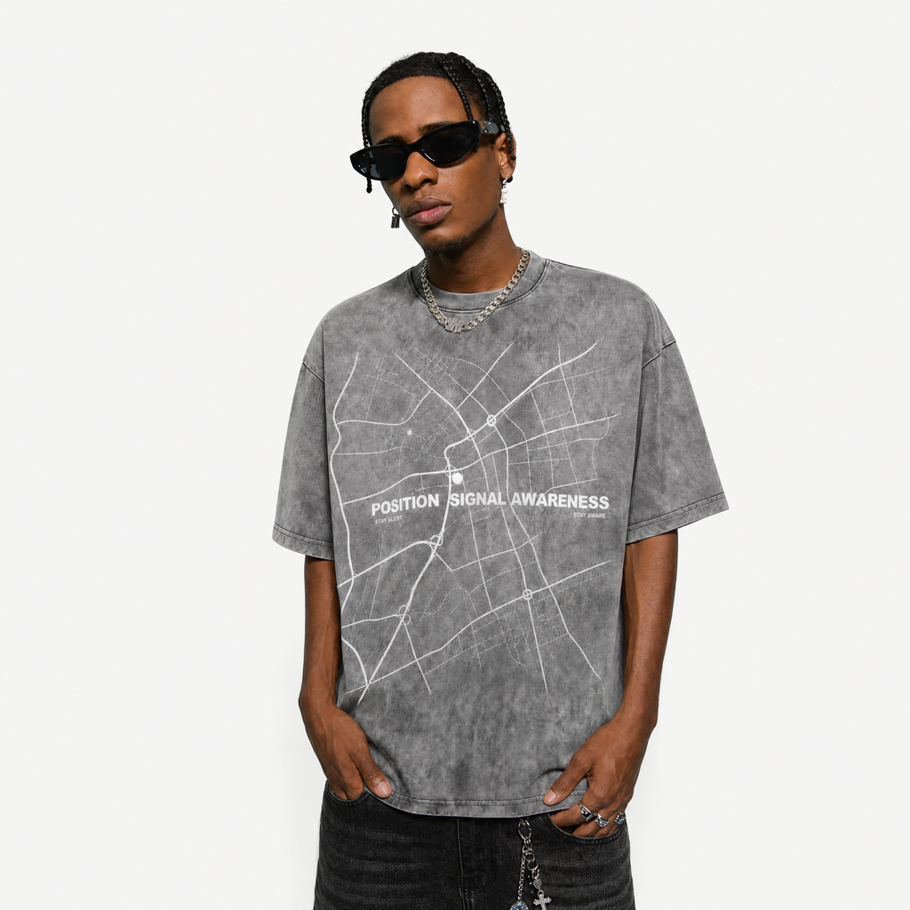 Lawless Row "Position Signal Awareness" Minimal Map Washed Grey Oversized Tee