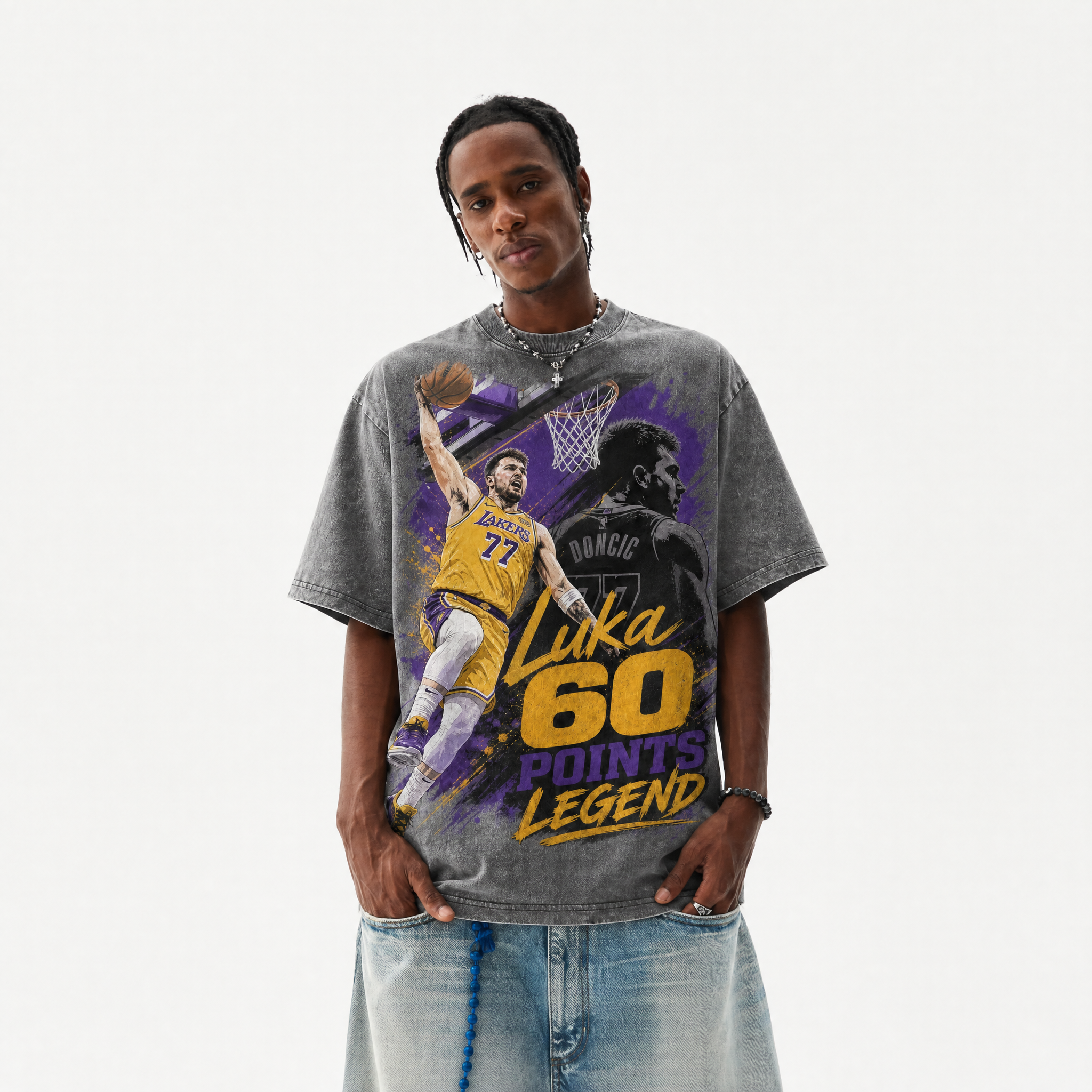 Lawless Row "Luka Doncic 60 Points Legend" Basketball Washed Grey Oversized Tee