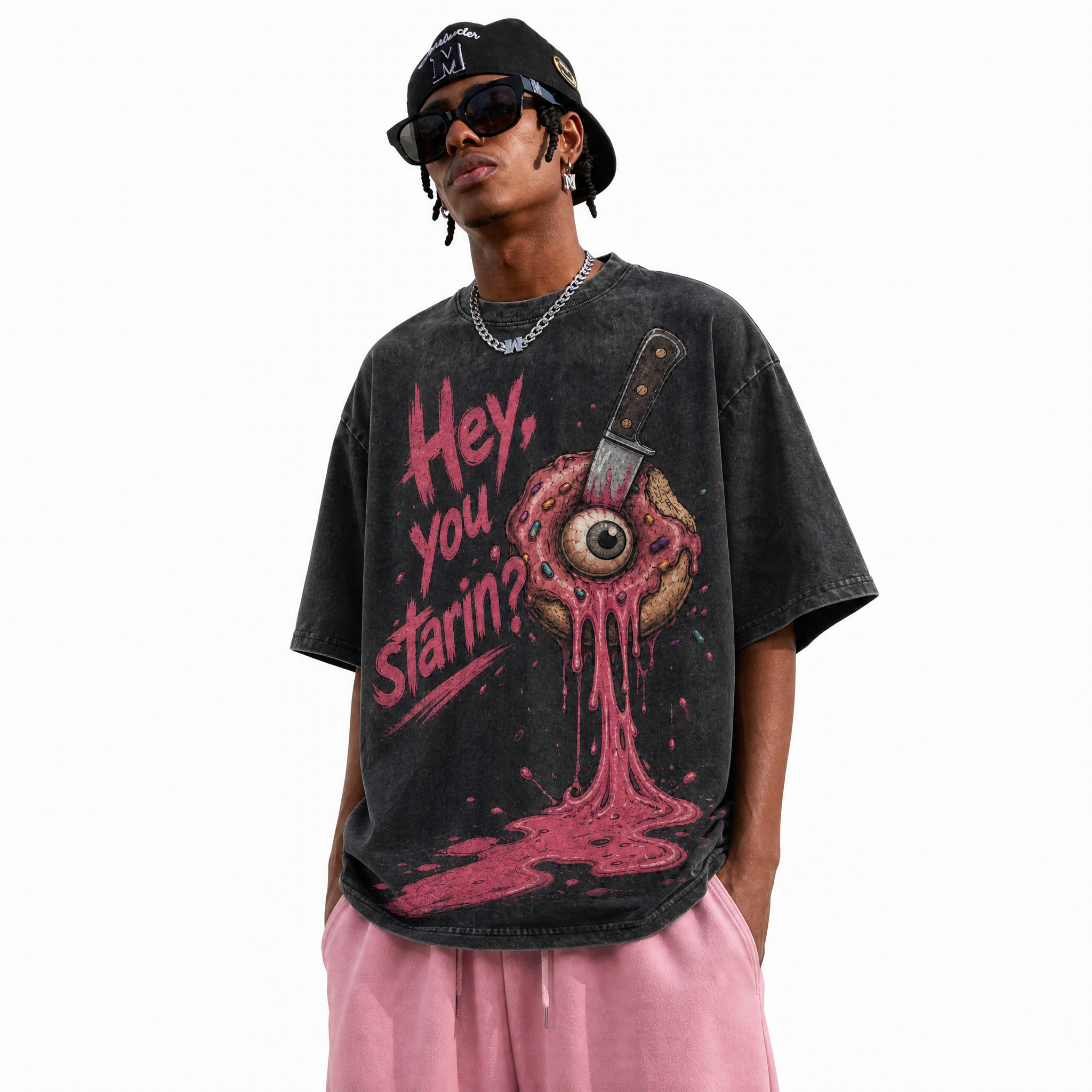 LAWLESSROW "Hey, You Starin?" - Vintage Washed Horror Graphic Heavyweight Oversized Tee