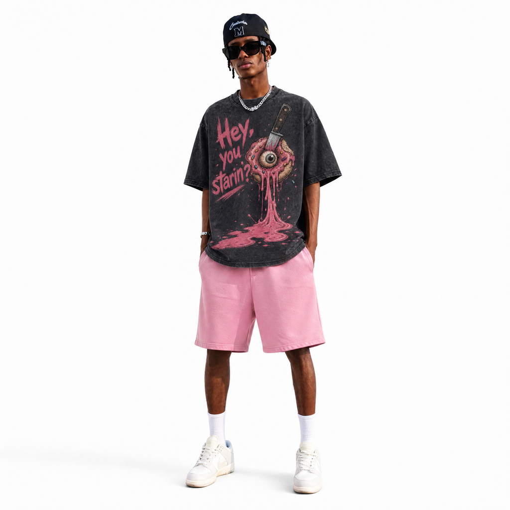 LAWLESSROW "Hey, You Starin?" - Vintage Washed Horror Graphic Heavyweight Oversized Tee
