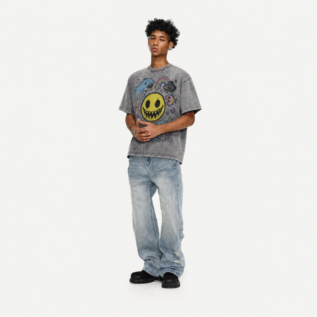 Lawless Row “Happy Neverland” Washed Grey Oversized Tee