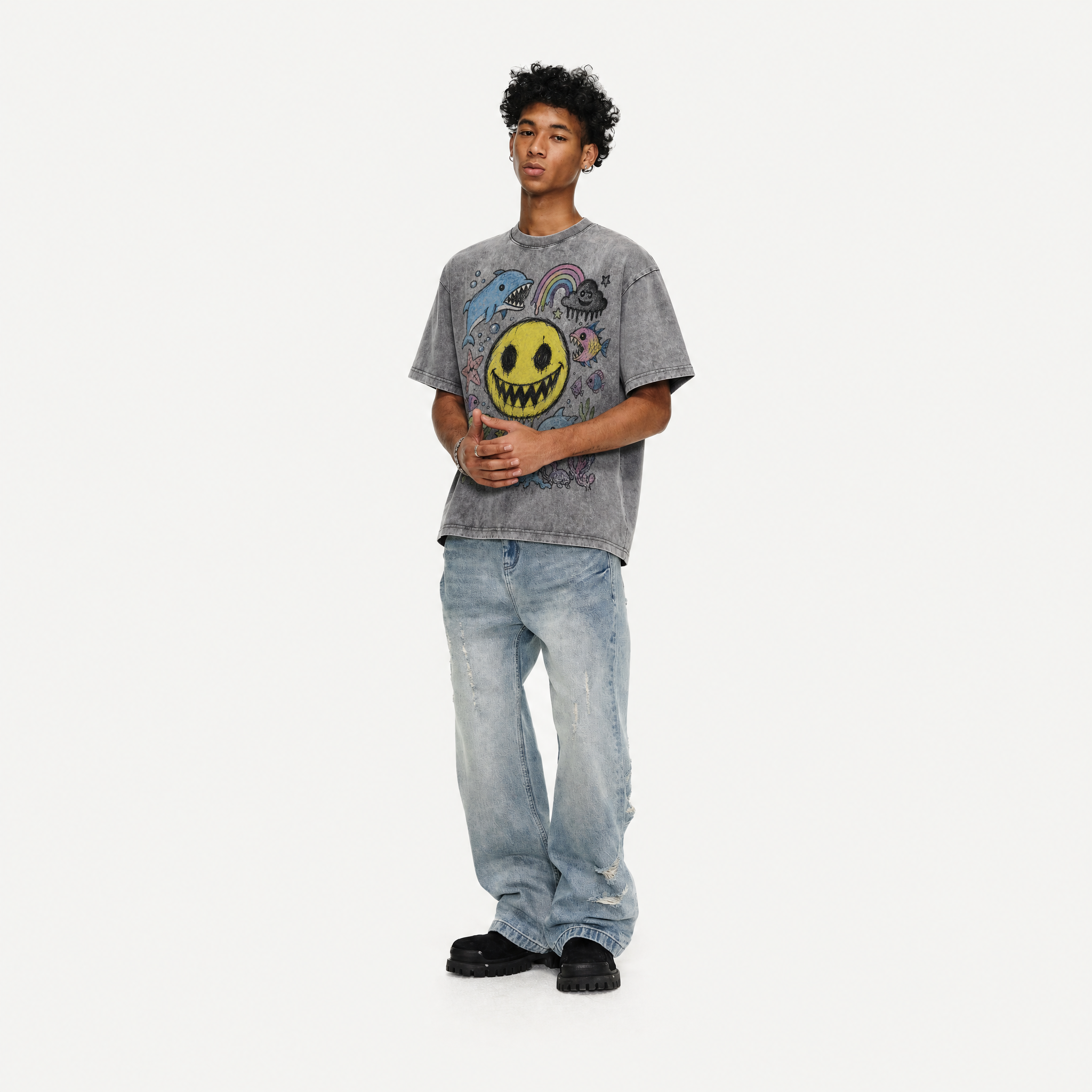 Lawless Row “Happy Neverland” Washed Grey Oversized Tee