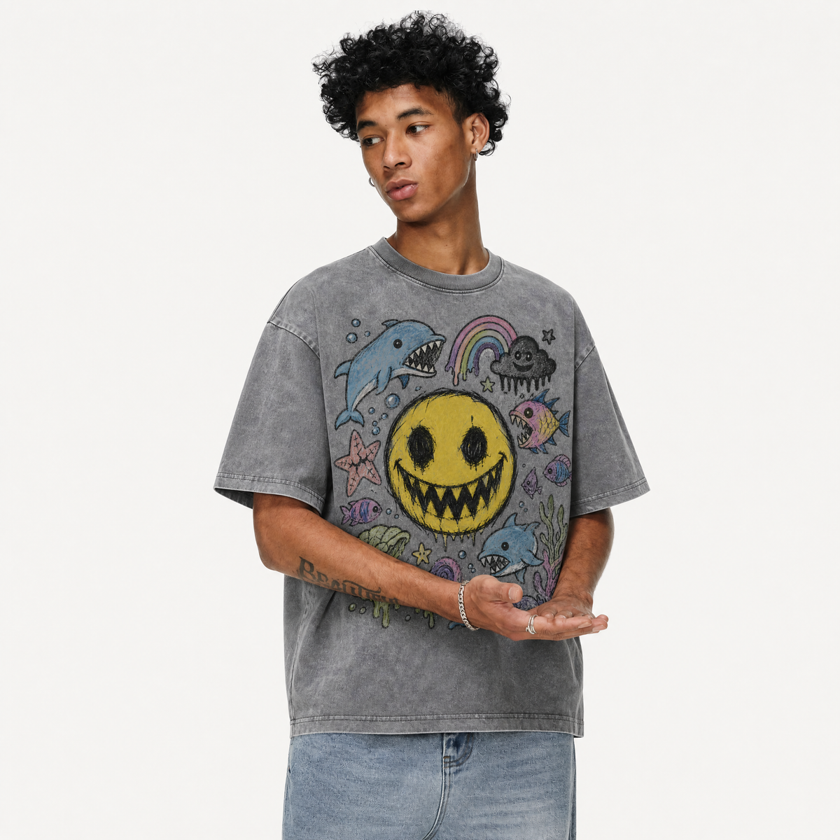 Lawless Row “Happy Neverland” Washed Grey Oversized Tee