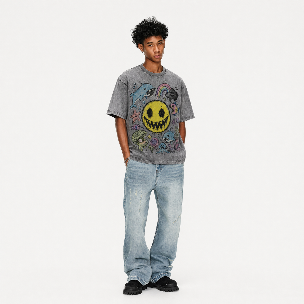 Lawless Row “Happy Neverland” Washed Grey Oversized Tee