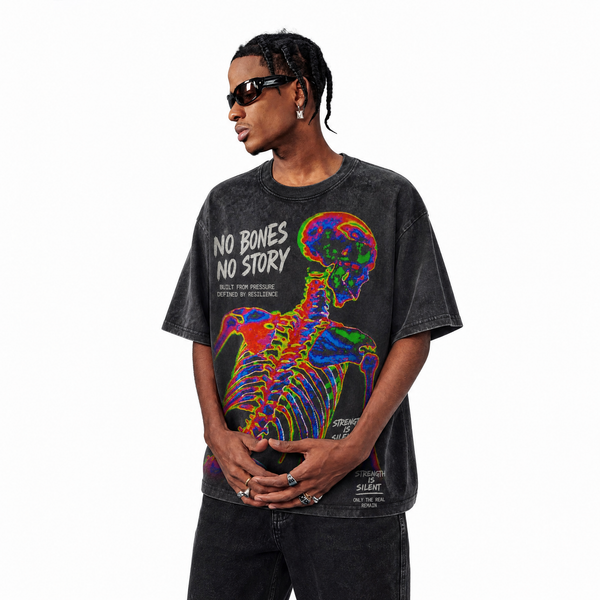 Lawless Row "No Bones, No Story" Vintage Washed Black Oversized Tee - hover