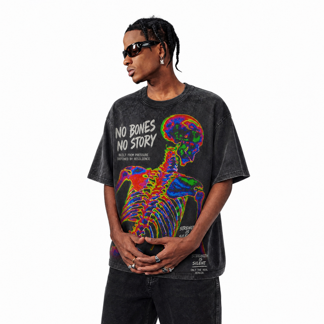 Lawless Row "No Bones, No Story" Vintage Washed Black Oversized Tee Main Image
