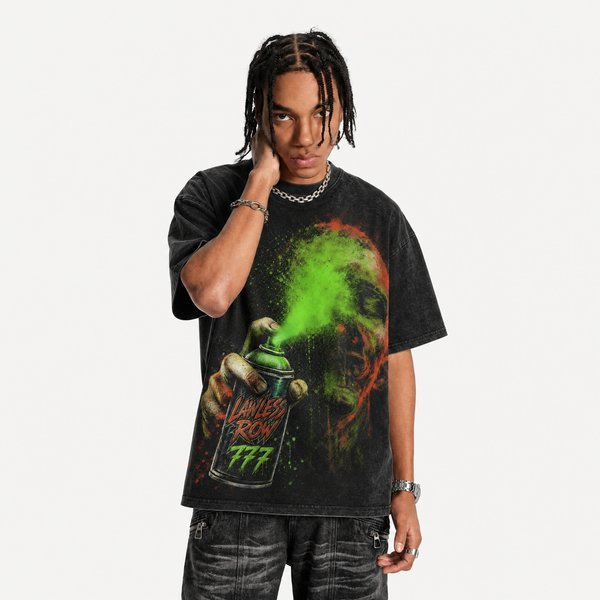 Lawless Row "777 Spray of the Damned" Vintage Black Oversized Tee - hover