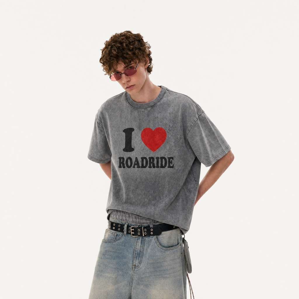 LAWLESSROW "I Heart Roadride" Heavyweight Washed Grey Graphic Tee