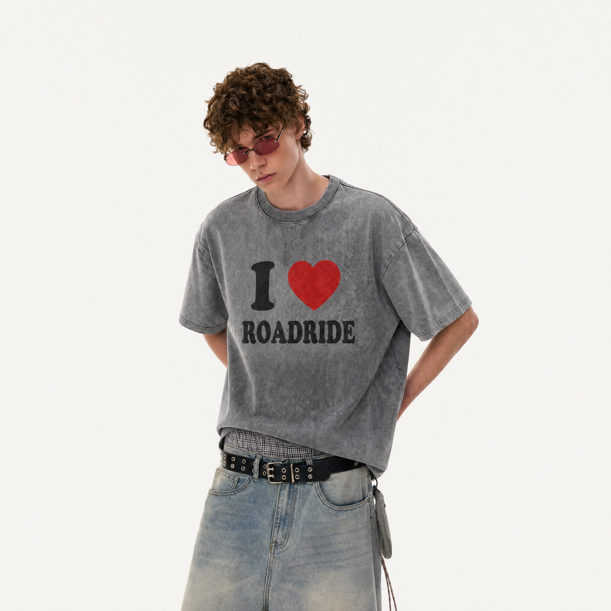 LAWLESSROW "I Heart Roadride" Heavyweight Washed Grey Graphic Tee