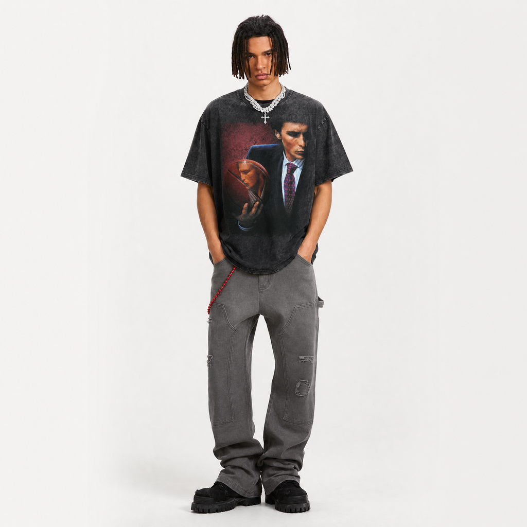 LAWLESSROW "Corporate Psycho" Heavyweight Washed Black Graphic Tee