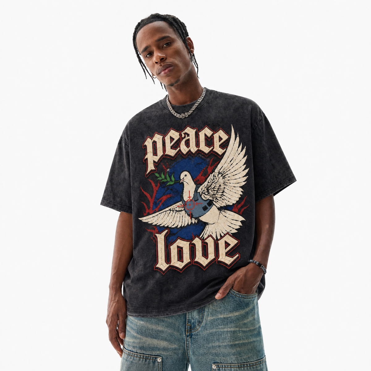 LAWLESSROW "PEace Love" Tactical Dove Heavyweight Tee - Vintage Wash