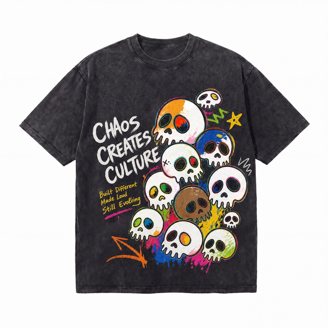 Vintage Acid Wash Chaos Creates Culture Colorful Stacked Skull Oversized Streetwear T-Shirt | LAWLESSROW Hover Image