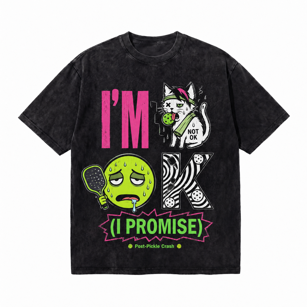 Vintage Acid Wash I'm OK I Promise Post-Pickle Crash Cat Oversized Pickleball T-Shirt | LAWLESSROW