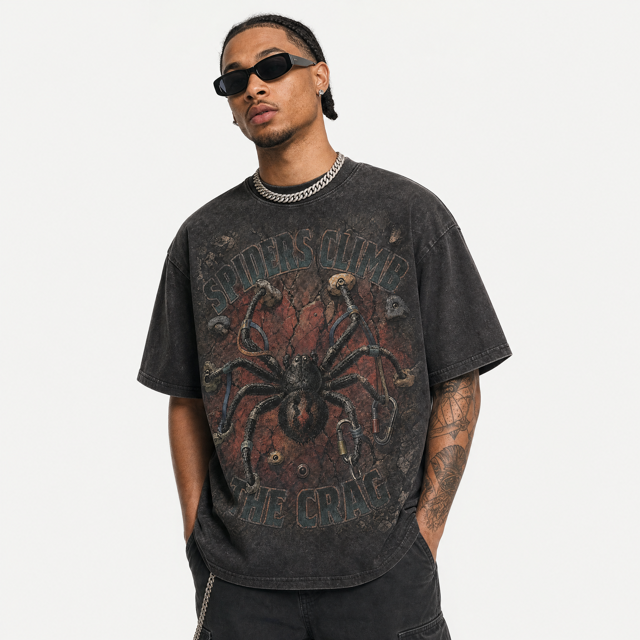 Vintage Acid Wash Spiders Climb The Crag Rock Climbing Oversized Graphic T-Shirt | LAWLESSROW