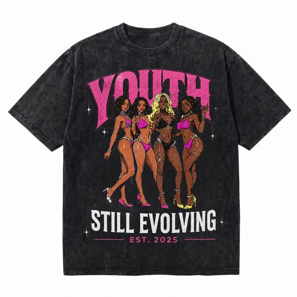 Vintage Acid Wash Youth Still Evolving Black Women Portrait Oversized Streetwear T-Shirt | LAWLESSROW