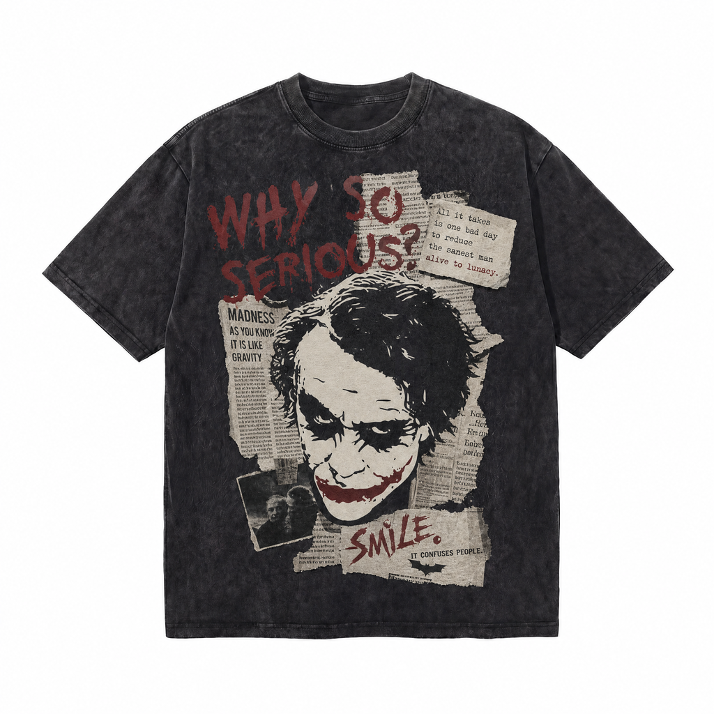 Vintage Acid Wash Joker Why So Serious Newspaper Collage Oversized Graphic T-Shirt | LAWLESSROW