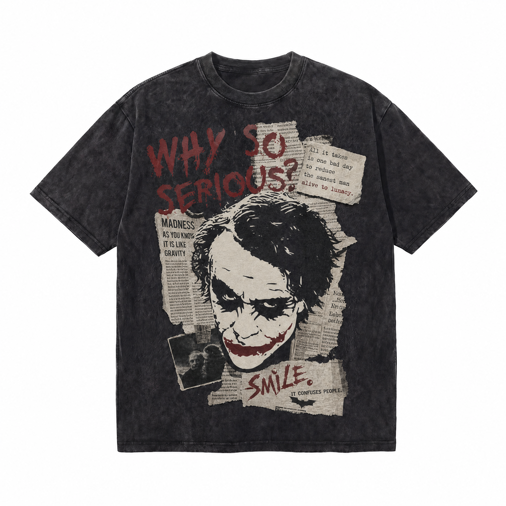 Vintage Acid Wash Joker Why So Serious Newspaper Collage Oversized Graphic T-Shirt | LAWLESSROW