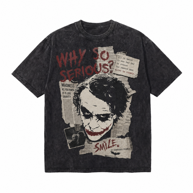 Vintage Acid Wash Joker Why So Serious Newspaper Collage Oversized Graphic T-Shirt | LAWLESSROW Hover Image