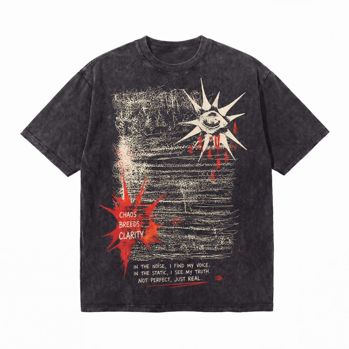 Vintage Acid Wash Chaos Breeds Clarity Grunge Sun Eye Oversized Streetwear Graphic T-Shirt