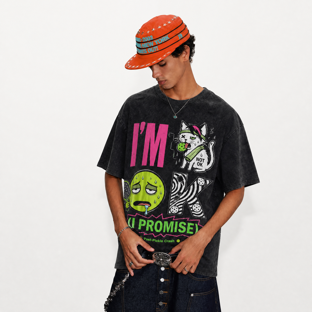 Vintage Acid Wash I'm OK I Promise Post-Pickle Crash Cat Oversized Pickleball T-Shirt | LAWLESSROW